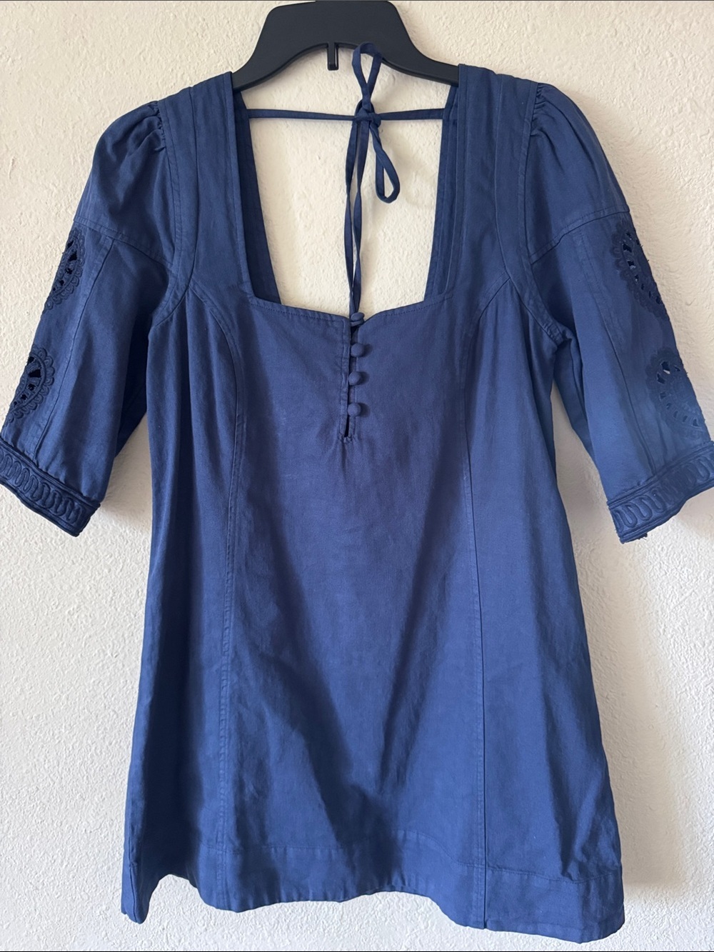 Free People Navy Blue Square-Neck Tunic with Embroidered Sleeves